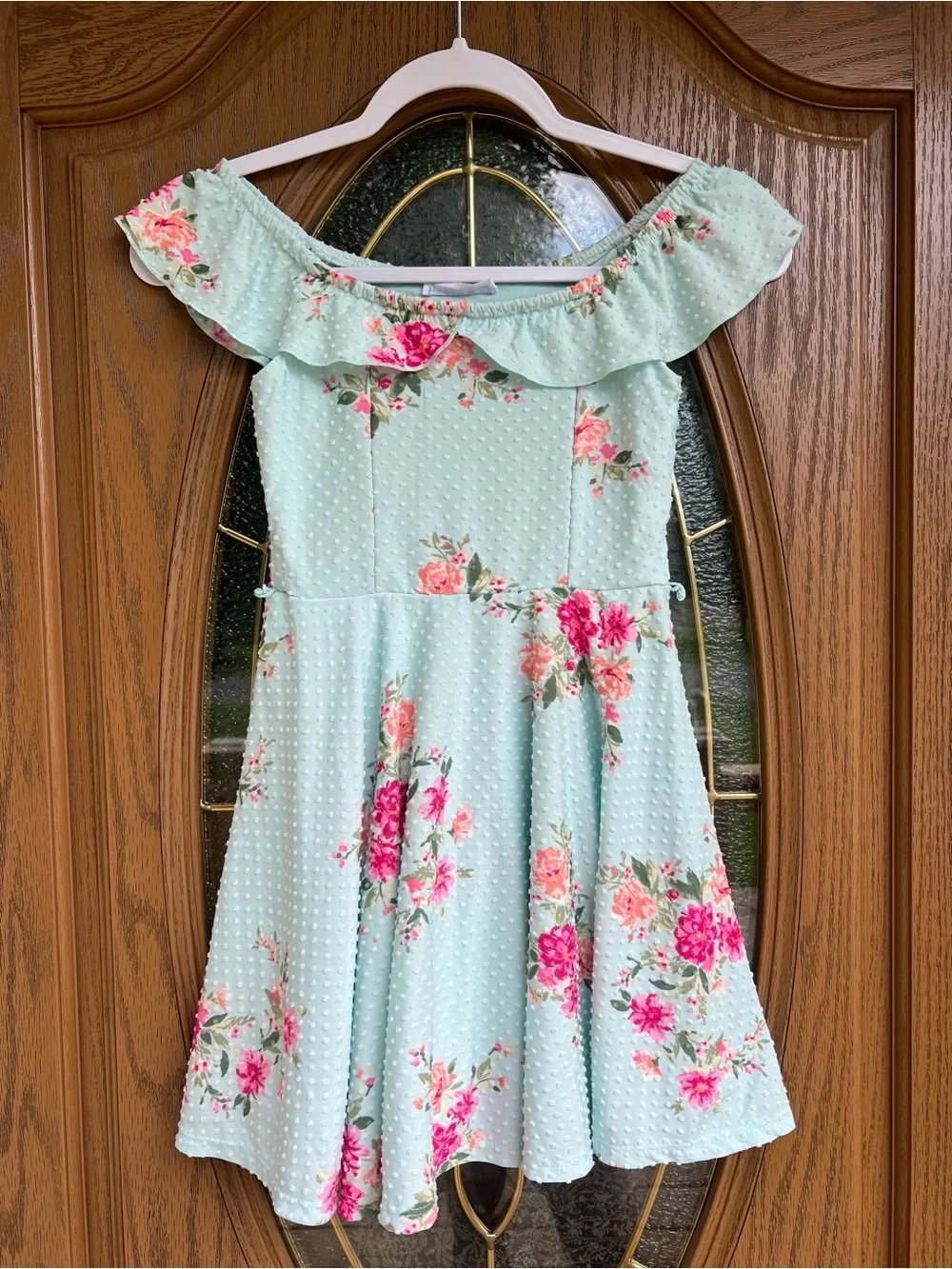Knitworks Mint Green Floral Off-Shoulder Twirl Dress Size 7/8 missing belt
